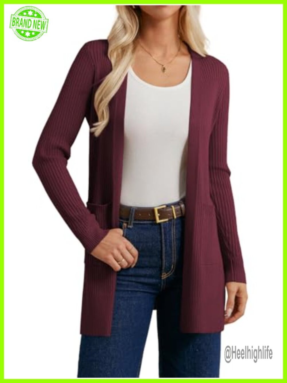 Long Sleeve Open Front Ribbed Knit Cardigan Sweater with Pockets